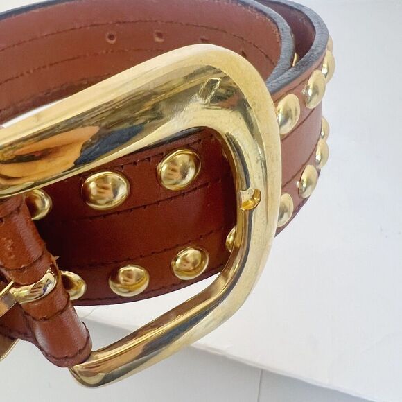 Avignon Vintage Cognac Brown Leather Gold Studded Belt Size M Western Boho - Picture 5 of 7
